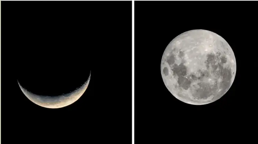 Fotografía de la Luna en fase de cuarto creciente, una delgada franja luminosa curva sobre fondo negro.