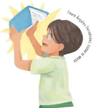 Ilustración de Laura Ángeles Fernández: un niño de pelo castaño con camiseta verde clara sostiene con las dos manos un cuaderno azul iluminado por un destello amarillo, con expresión de admiración.