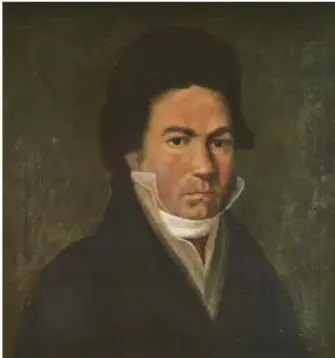 Retrato al óleo de Ludwig van Beethoven con cabello oscuro y collarín blanco, de aspecto solemne.