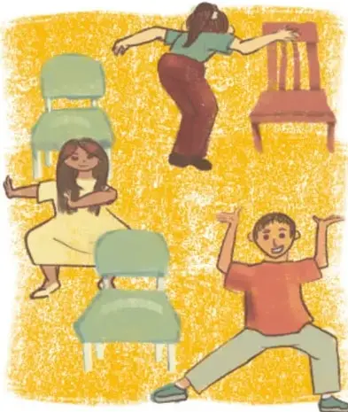 Ilustración de niños moviéndose y jugando entre sillas, por Debbie Vieyra Laguna, Baja California.