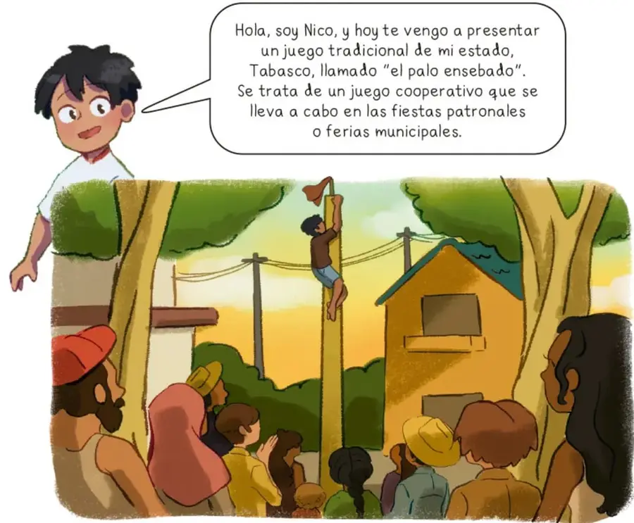 Ilustración de un niño llamado Nico que presenta el juego del palo ensebado; se observa a un participante subiendo un palo alto mientras una multitud lo observa en un entorno de fiesta patronal.