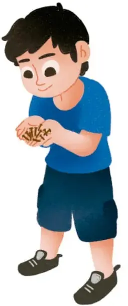 Ilustración de un niño con playera azul observando un clavo oxidado en sus manos.