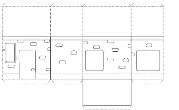 Fachada armable de casa con muro de piedras, puerta, ventanas y pestañas superiores para el techo, con pieza de armado central inferior; línea de corte con icono de tijeras sobre el título.