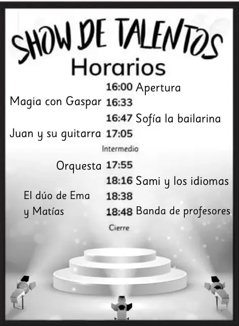 Afiche del Show de Talentos con el programa de horarios y una ilustración de un escenario con micrófonos.