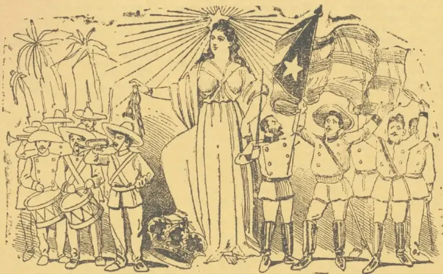 Alegoría de la libertad: mujer con rayos, soldados mambises, bandera cubana y palmeras.