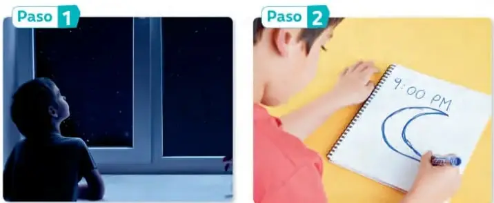Niño observando el cielo nocturno desde el interior de una casa, junto a una ventana.