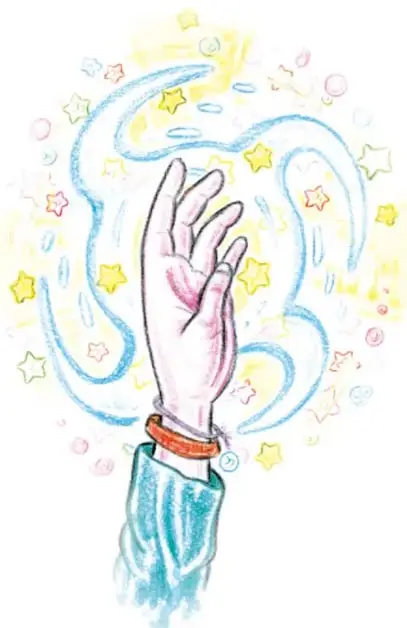 Mano con brazo azul de pijama que se introduce en un remolino de estrellas amarillas, rosas y azules.