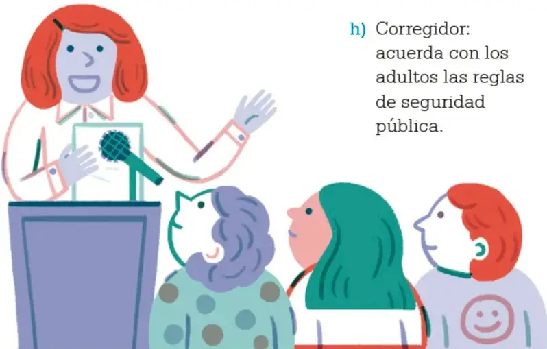 Ilustración de una mujer pelirroja hablando por micrófono frente a un público de niños y adultos, representando una asamblea o cabildo.