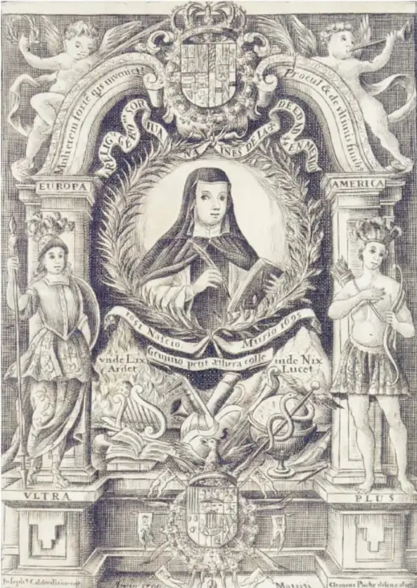 Grabado alegórico de Sor Juana Inés de la Cruz. En el centro, la religiosa con hábito y un libro. A la izquierda, la alegoría de Europa con corona y cetro; a la derecha, la alegoría de América con arco y flechas. En la parte superior, un escudo y ángeles con trompetas; en la inferior, un escudo con el lema 'PLUS ULTRA' y motivos alegóricos.