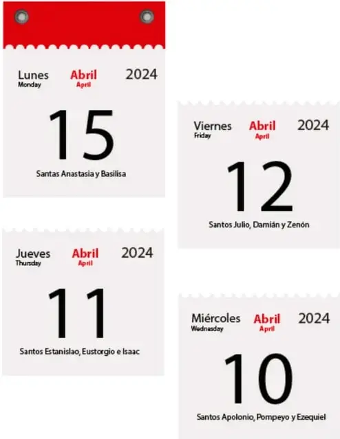 Cuatro hojas de calendario arrancable de abril de 2024: lunes 15, jueves 11, viernes 12 y miércoles 10, cada una con el nombre del día en español e inglés y los santos del día.