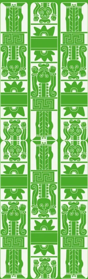 Franja vertical verde con tres columnas de figuras estilizadas de estilo prehispánico/maya: máscaras, aves, serpientes y glifos geométricos repetidos en blanco sobre verde.