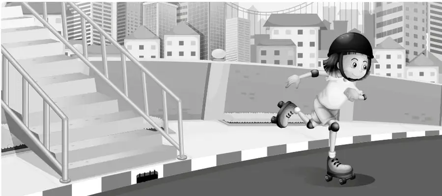 Ilustración en blanco y negro de una niña con casco, rodilleras y patines de cuatro ruedas que se desliza sobre una calle de cemento. Al fondo se observan una escalera con barandas, una plaza y edificios de la ciudad. El suelo de cemento se representa liso y en perspectiva.