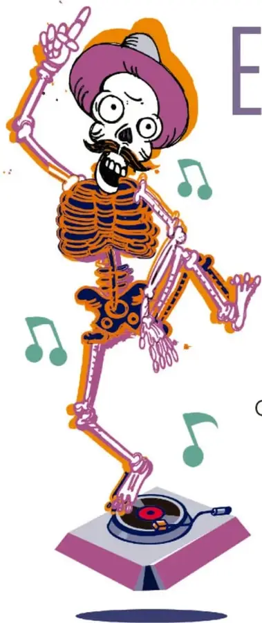 Esqueleto caricaturesco con sombrero morado que baila sobre una tornamesa, rodeado de notas musicales.