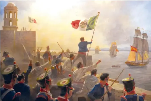Pintura histórica que muestra a un grupo de personajes en un puerto, con banderas mexicanas y barcos de vela al fondo, representando la época de la independencia.