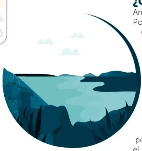 Ilustración en tonos azul oscuro y azul claro dentro de un círculo: paisaje de montañas y una laguna o depósito de agua rodeado de cerros y vegetación, representando el manantial y la Caja del Agua.