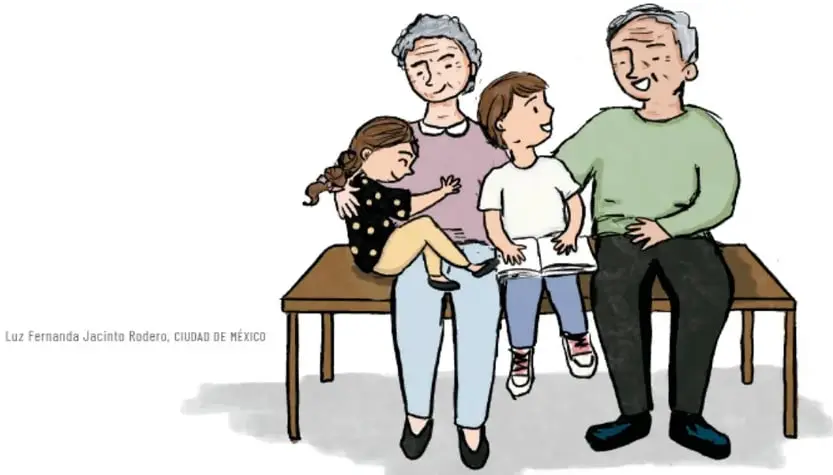 Ilustración de una familia: una abuela y un abuelo sentados en una banca acompañados de una niña y un niño; la niña está sentada sobre las piernas de la abuela y el niño lee un libro junto al abuelo.