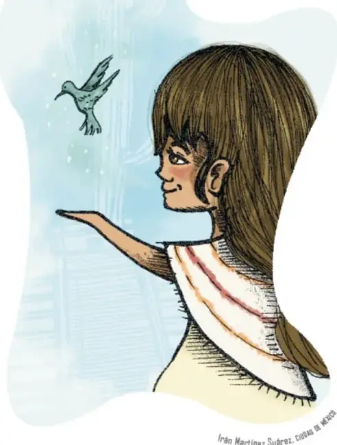 Ilustración de una niña de perfil con cabello largo que extiende la mano hacia un ave en vuelo; fondo azul claro con formas abstractas.