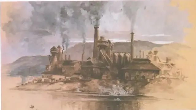Acuarela de una industria siderúrgica de Bethlehem Steel Works, utilizada para ilustrar el desarrollo de las industrias nacionales impulsado por el proteccionismo.