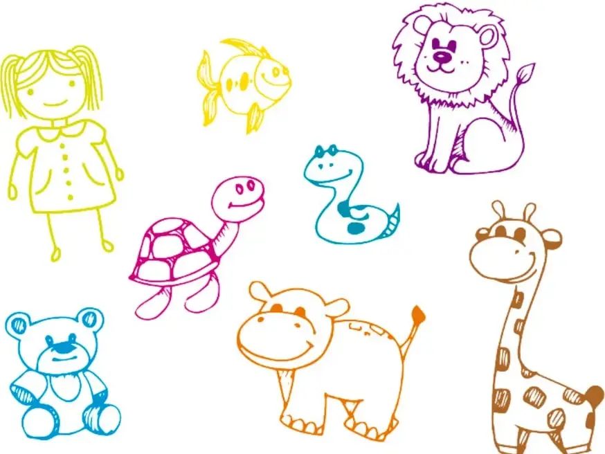 Ocho dibujos lineales de seres vivos: niña con coletas, pez, león, tortuga, serpiente, oso de peluche, vaca y jirafa, cada uno en distinto color.
