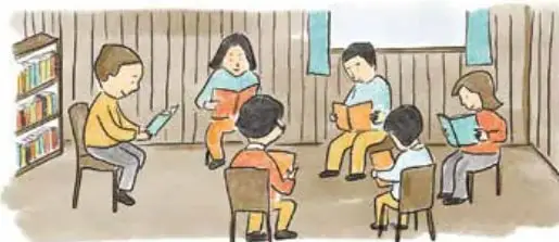 Ilustración de cinco estudiantes sentados en semicírculo en una sala con estantería de libros, leyendo y compartiendo sus cómics.
