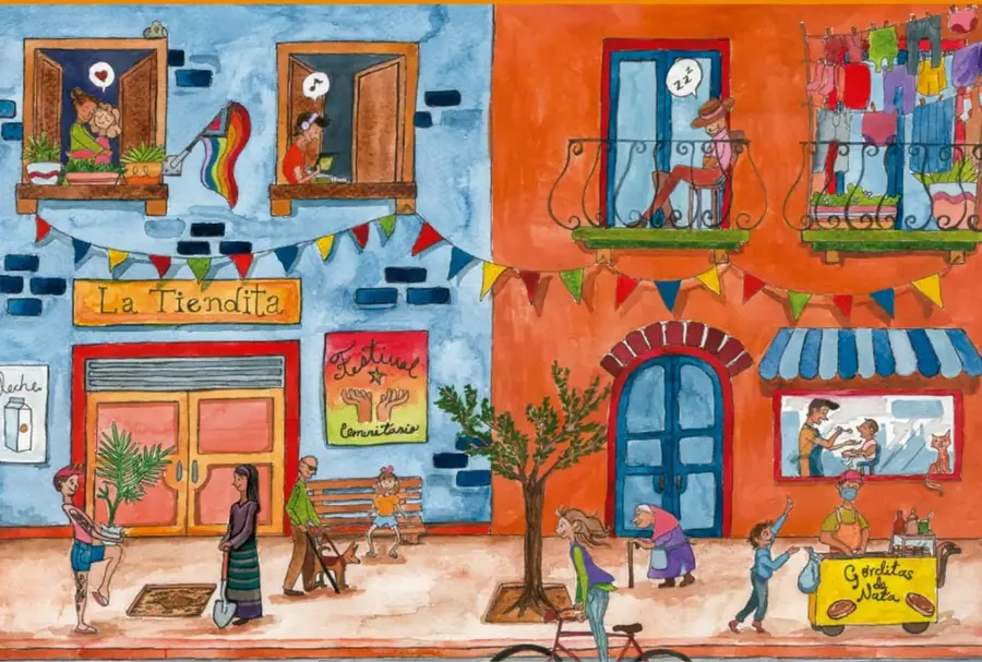 Ilustración de una calle comunitaria con edificios de colores, una tienda llamada 'La Tiendita', un cartel de 'Festival Comunitario', personas conversando, un árbol, una bicicleta y un puesto de 'Gorditas de Nata'.