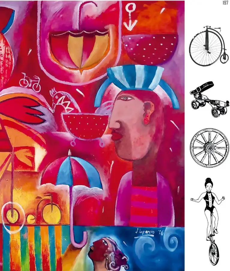 Pintura 'El señor de los cuatro elementos' (2016, Jaime Lupercio): hombre de perfil con tazones azules y rojos en la cabeza, sombrillas, bicicletas, pájaro, cielo rojo, gotas de lluvia, remolinos azules de agua y una persona que mira hacia arriba; franjas multicolores abajo; firma 'J. Lupercio 16'.