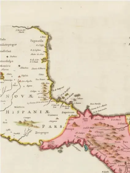 Mapa antiguo de la Nueva España con la región de Nueva Galicia, Michoacán y México, con anotaciones en latín como 'NOV HISPANIA' y 'PARS'.