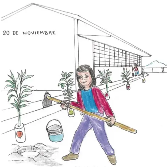 Ilustración de una niña o estudiante barriendo el patio de una escuela con letrero '20 de noviembre', junto a macetas con plantas, un balde y una escoba. Ilustración de Abdón Pinedo García, Zacatecas.