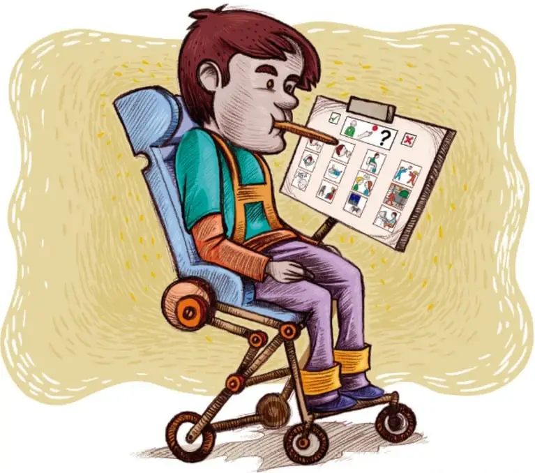 Ilustración de una persona en silla de ruedas que sostiene un lápiz en la boca y señala un tablero con pictogramas (imágenes de actividades, signos de interrogación y de exclamación). Crédito: José Alfredo (Ita) Contreras Godínez, Sinaloa.