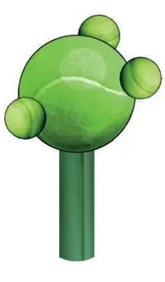 Árbol de maqueta formado por una pelota grande verde como copa, dos pelotas pequeñas verdes como ramas laterales y un tubo cilíndrico verde como tronco.