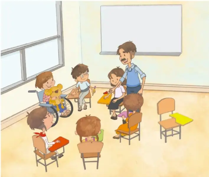 Salón de clases con niños sentados en círculo junto al maestro; entre ellos hay un niño en silla de ruedas con un peluche y hay sillas y mesas vacías; ventana y pizarrón al fondo; crédito: Maya Selene García López, CDMX.