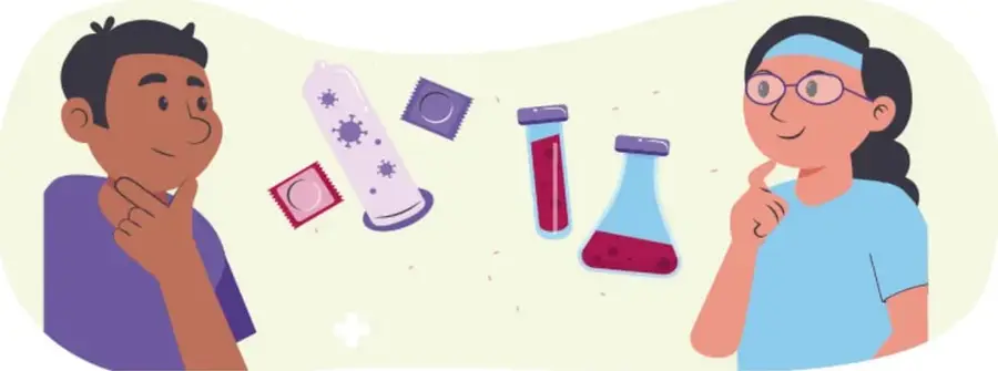 Ilustración de un adolescente y una adolescente pensativos; entre ellos flotan un condón, un sobre, un tubo de ensayo y un matraz con líquido, símbolos de prevención y análisis de salud sexual.