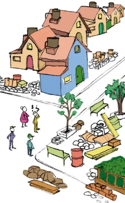 Dibujo de un parque con casas, árboles, bancas y montones de materiales de construcción (tabiques, tablas, piedras) con habitantes observando la situación.