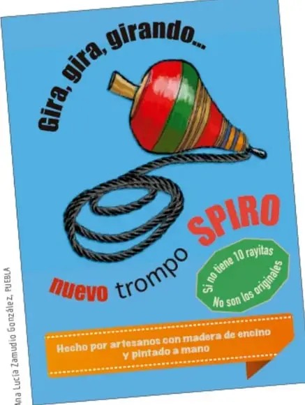 Cartel publicitario de fondo azul con un trompo de colores y su cuerda: Gira, gira, girando... nuevo trompo Spiro.