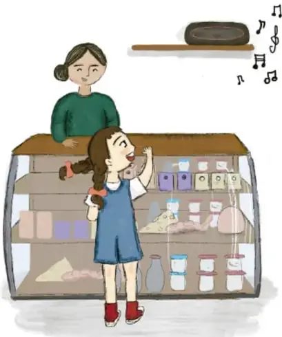 Ilustración de una niña cantando frente a una vitrina, con una mujer detrás y notas musicales.