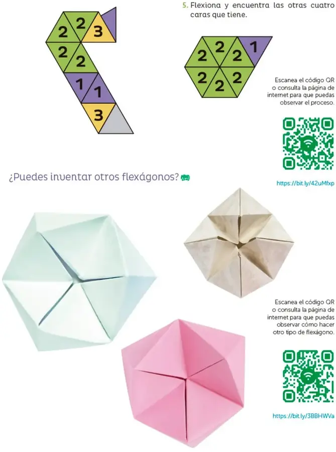 Tira en zigzag con triángulos verdes numerados 2, 2, 2, 2; morados con 1, 1; amarillos con 3, 3; y una cara sin número.