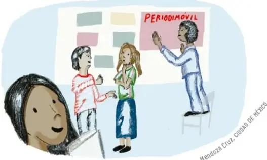 Ilustración de estudiantes y una maestra frente a un periódico mural con el título 'Periodimóvil'.