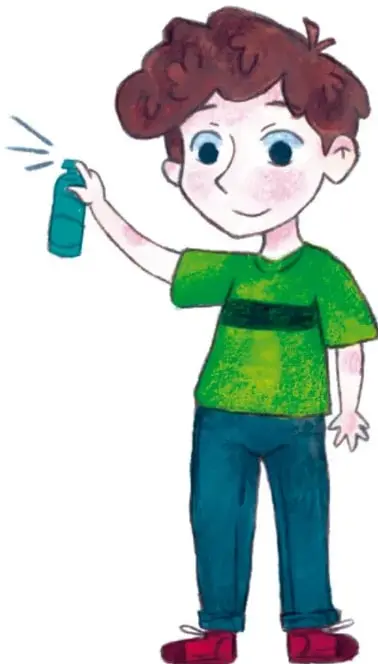Ilustración de un niño con camiseta verde que sostiene un aerosol azul y lo rocía; representa la difusión de un gas aromatizante en el aire.