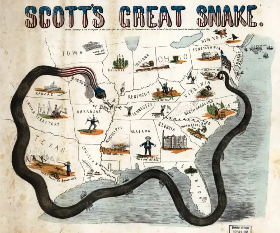 Ilustración satírica titulada 'Scott's Great Snake' (1861). Muestra una serpiente enrollada alrededor de los estados del sur de Estados Unidos, representando el Plan Anaconda del general Winfield Scott para bloquear los puertos confederados durante la Guerra Civil. Se identifican estados como Texas, Louisiana, Mississippi, Alabama, Georgia, Florida, Carolina del Norte, Carolina del Sur, Virginia, Tennessee, Kentucky, Arkansas, Missouri, Illinois, Indiana, Ohio, Iowa, Kansas, Territorio Indio, Nueva York y Pensilvania.