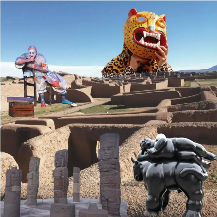 Fotografía compuesta sobre un sitio arqueológico de adobe: a la izquierda, una persona disfrazada de payaso sentada en una silla; arriba a la derecha, una persona con una gran máscara de jaguar; abajo, estelas de piedra talladas y una escultura de un jinete sobre un caballo.