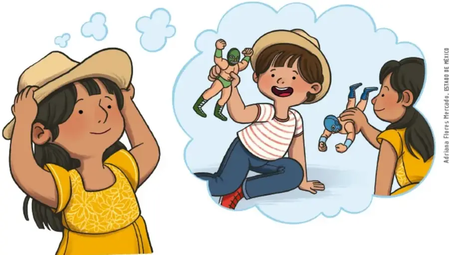 Ilustración de una niña con sombrero imaginando (nube de pensamiento) a dos niños jugando con figuras de acción (muñecos luchadores), representando el uso del objeto ajeno y los recuerdos o sentimientos asociados.