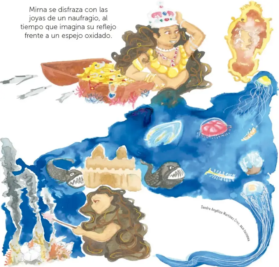 Acuarela: Mirna vestida de reina con corona y joyas doradas junto a un cofre repleto de tesoros, peces plateados nadando y un gran espejo dorado oxidado donde se refleja.