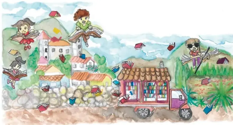Ilustración a acuarela de un pueblo con casas de colores, un camión-biblioteca lleno de libros, niños leyendo volando sobre el pueblo y un adulto en bicicleta; ilustración de María del Rosario Escobar García, HUGOS.