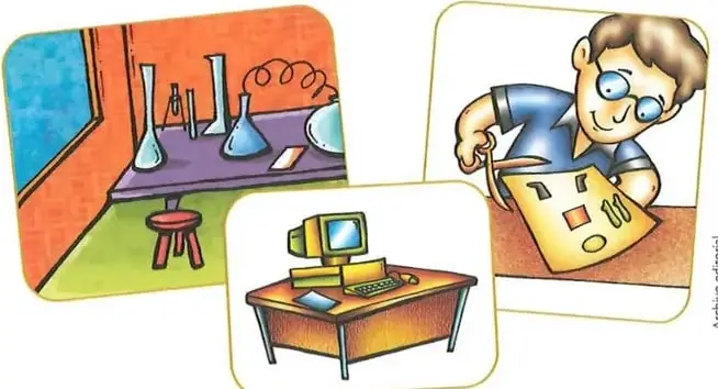 Ilustraciones de distintos espacios y actividades escolares: un aula para experimentos, un estudiante realizando una actividad manual y un espacio con computadora.