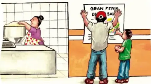 Ilustración titulada TORTILLERÍA: una mujer prepara tortillas mientras dos personas pegan un cartel que dice GRAN FERIA DE LA SALUD. Crédito: Alma Guadalupe Vázquez Rosales, San Luis Potosí.