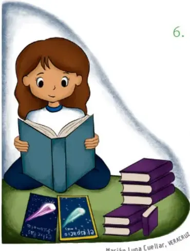 Ilustración de una niña leyendo un libro sentada, con una pila de libros y dos ilustraciones de cometas; crédito: Marián Luna Cuéllar, VERACRUZ.