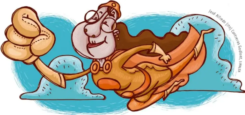 Ilustración de un personaje con mochila y gorra que vuela impulsado por un puño gigante entre nubes azules, expresando avance y entusiasmo.