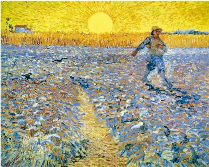 Reproducción de El sembrador (1888) de Vincent van Gogh: un campesino camina por un campo amarillo bajo un sol radiante, con cielo y suelo azulados.