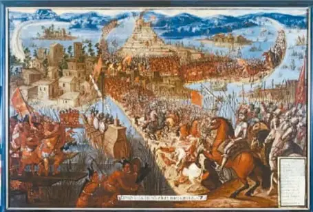 Ilustración de la conquista de Tenochtitlan: muestra la capital mexica con su templo mayor al centro, laguna, canoas, soldados españoles a caballo con armaduras y estandartes, y guerreros indígenas en combate, representando la irrupción colonial.