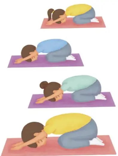 Cuatro ilustraciones de niñas y niños realizando la postura de "El niño" sobre tapetes de colores: rodillas separadas, glúteos sobre los talones, tronco flexionado con la frente en el piso y brazos extendidos al frente. Crédito: Daniela Regis Rivas, Aguascalientes.